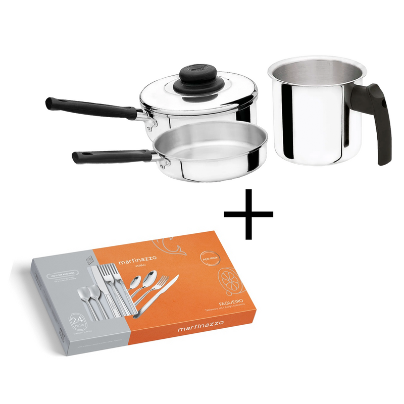 Mega promoção jogo de panela inox (3un) + Brinde 1 jogo de talheres (24un)